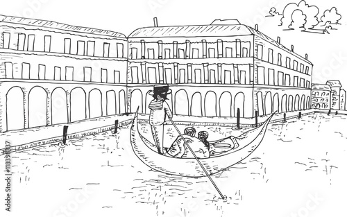 View in Venice with gondola hand drawn illustration