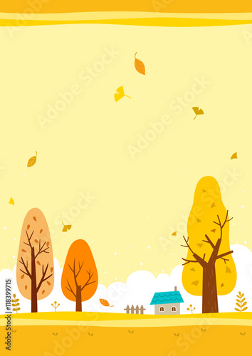 Autumn landscape with the yellow sky and yellow trees