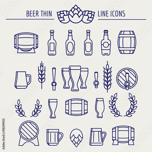 Beer thin line icons set isolated on grey background. Vector illustration