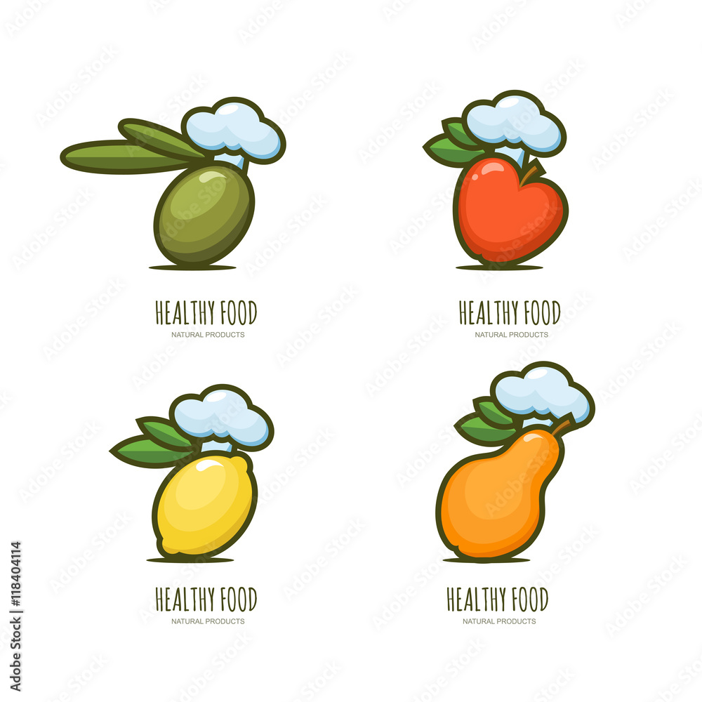 Set of vector healthy food logo, emblem, label design. Olive, apple, lemon, pear in chef hat, isolated on white. Vegan restaurant, cooking and diets concept.