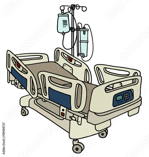 Hand drawing of a hospital position bed with the medical device rack