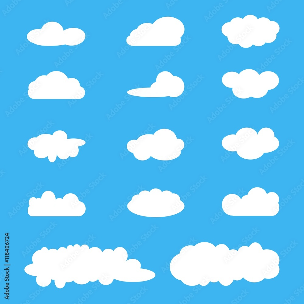Clouds icon set, white clouds on blue. Cloud computing pack. Design elements, vector