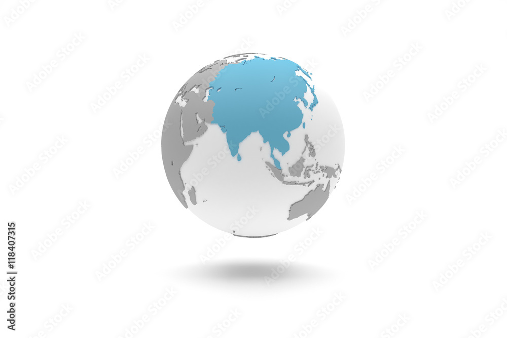 Highly detailed 3D planet Earth globe with grey continents in relief and white oceans, centered in blue Asia without middle East