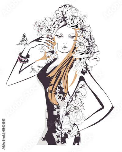 Sketch of young beautiful woman with flowers and butterflies.