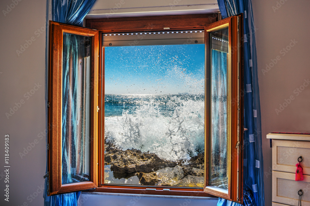 wave seen through an open window