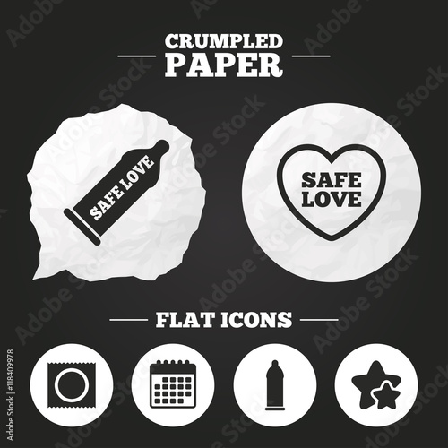 Safe sex love icons. Condom in package symbols.