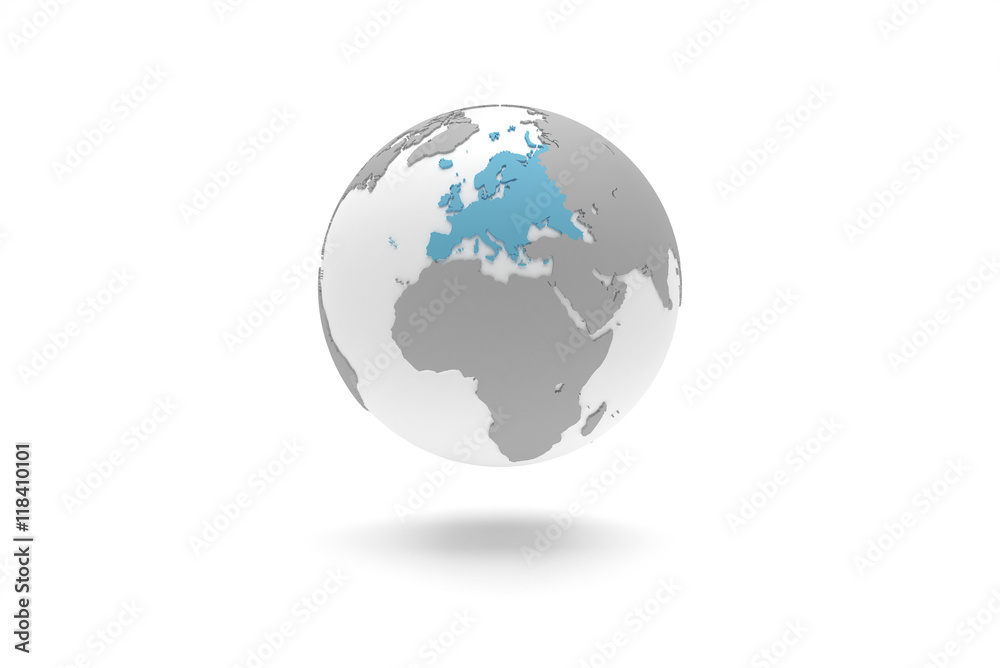 Highly detailed 3D planet Earth globe with grey continents in relief and white oceans, centered in blue Europe
