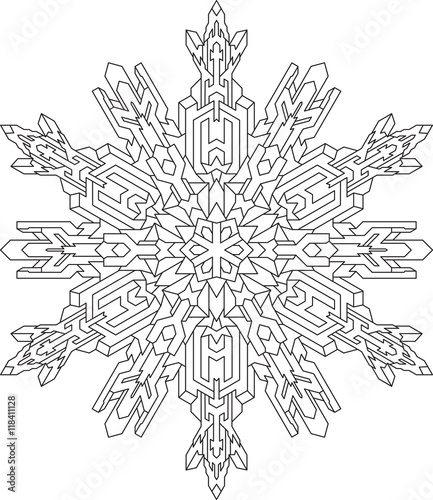 Outlines of snowflake in mono line style for coloring book. Vector geometric pattern.