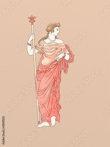 Demeter with scepter, based on ancient greek pottery and ceramics red-figure drawings