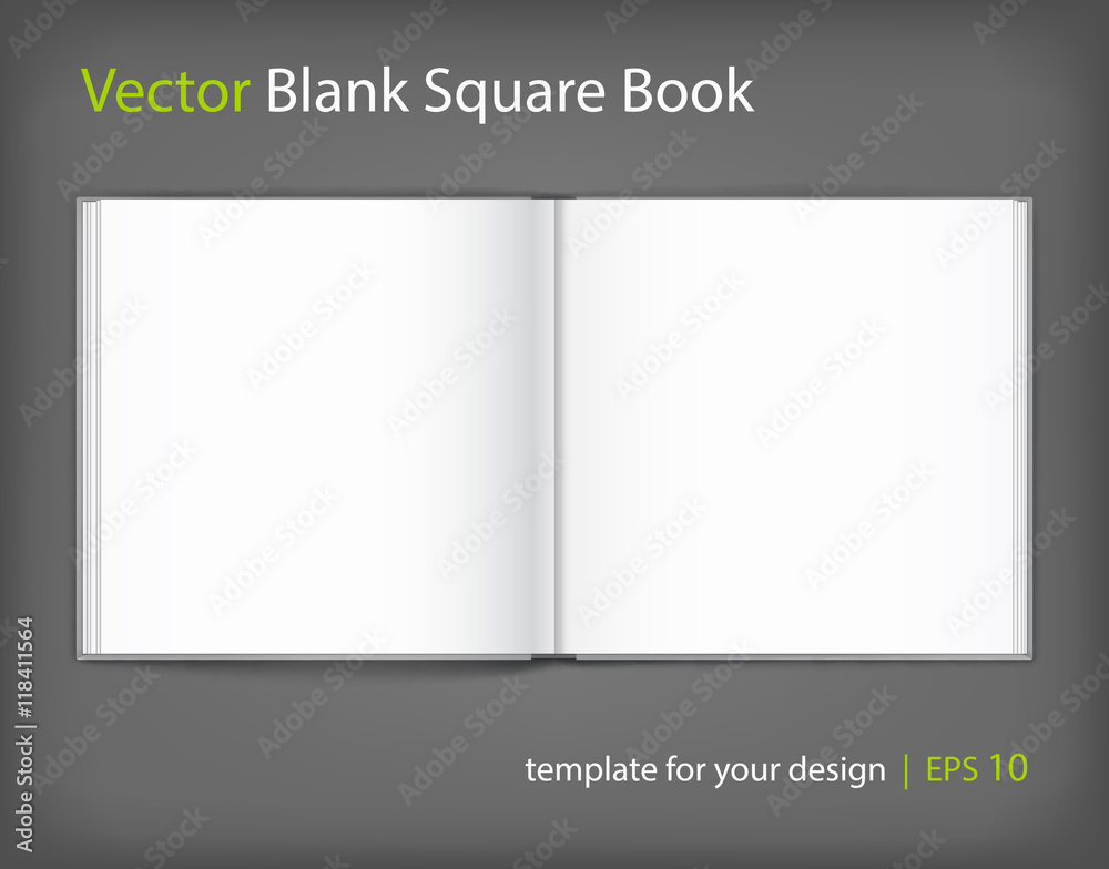 Blank of open square book with cover on grey background. Template