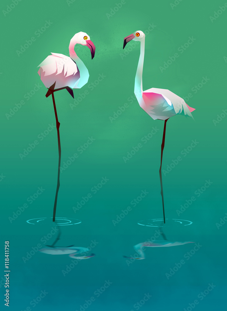Naklejka premium two flamingos on the lake with reflection