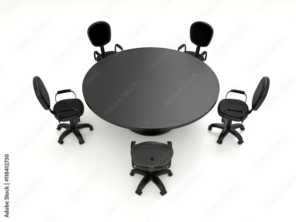 Conference round dark table and many group black office chairs in