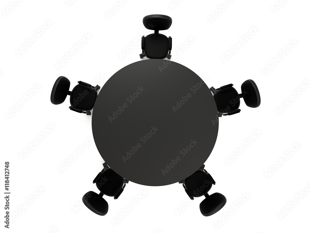 Conference round dark table and many group black office chairs in meeting room, isolated on white background. High-resolution 3d illustration Top view Conference round dark table and many group black office chairs in meeting room, isolated on white background. High-resolution 3d illustration Top view