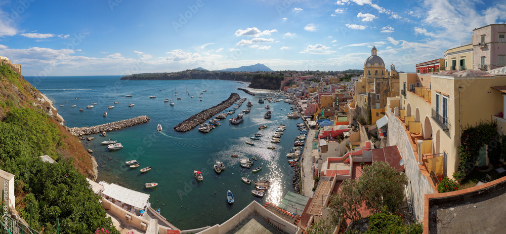 Panoramic view of Procida island in Italy
