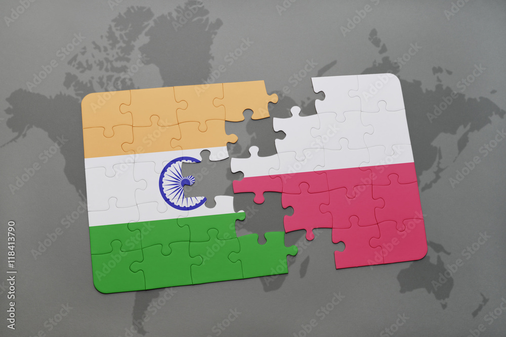puzzle with the national flag of india and poland on a world map ...