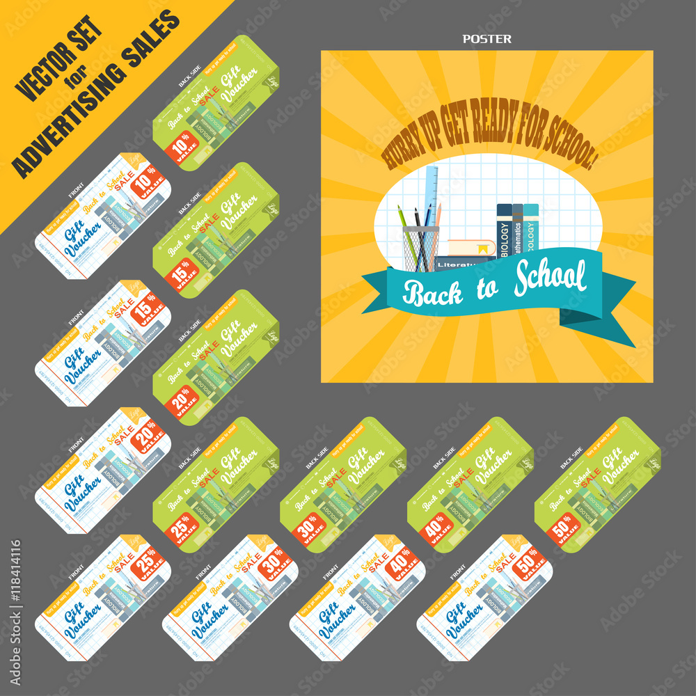 Naklejka premium Vector set for advertising Back to school sale with poster and gift vouchers on the gray background.