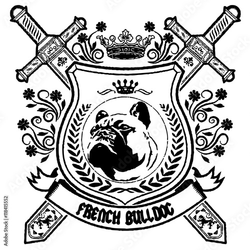 French Bulldog sword and shield emblem retro