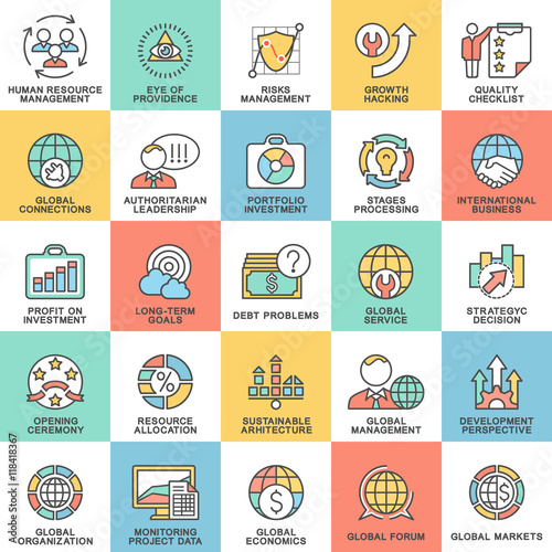 Icons set global business, economics and marketing.