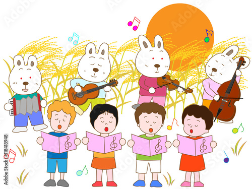 満月の夜のウサギと子供のコンサート