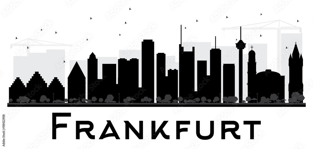 Frankfurt City skyline black and white silhouette.