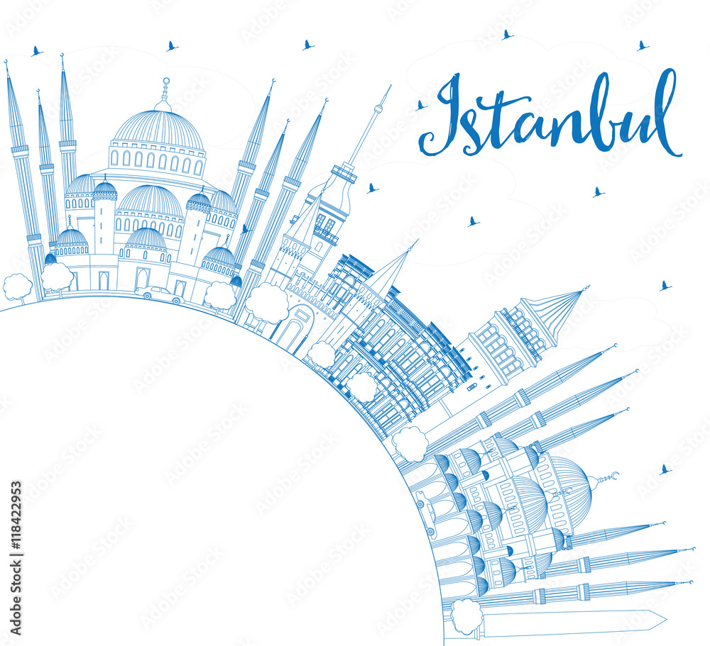 Outline Istanbul Skyline with Blue Landmarks and Copy Space.