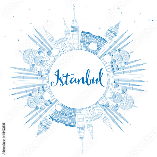 Outline Istanbul Skyline with Blue Landmarks and Copy Space.