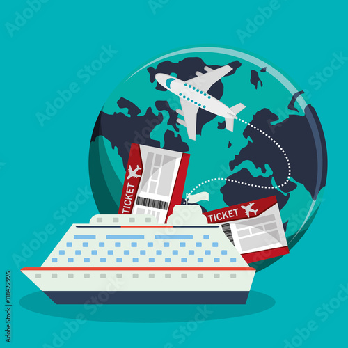 cruise ticket airplane planet time travel vacations trip icon. Colorful design. Vector illustration