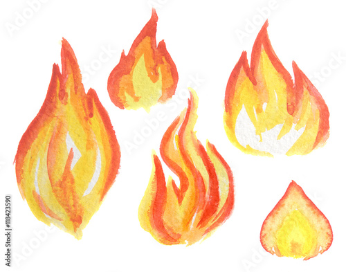 Watercolor flame set. Different kids of flames and fire. Fire element. Light, heat and danger.