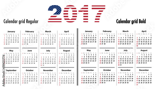 Calendar 2017 English SF normal and bold usa flag colors
