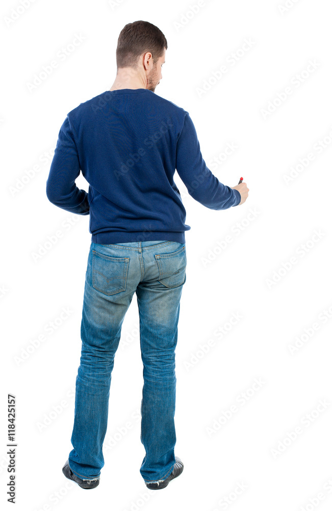 back view of writing business man. Rear view people collection. backside view of person. Isolated over white background. bearded man in blue pullover draws a felt-tip pen at the bottom. back view of writing business man. Rear view people collection. backside view of person. Isolated over white background. bearded man in blue pullover draws a felt-tip pen at the bottom.