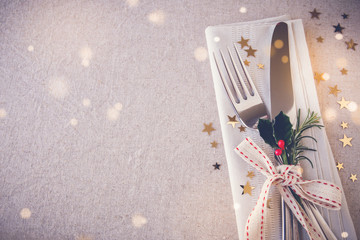 New Year eve 2024 Christmas food menu lunch, dinner table place setting, festive background