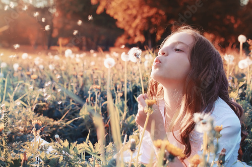 girl with dundelion in autumn park photo