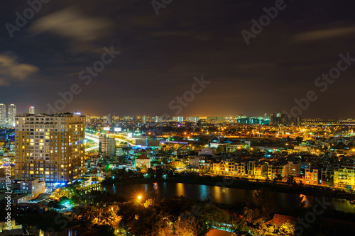 Panoramic view of Ho Chi Minh city by night, Vietnam. Ho Chi Minh city (aka Saigon) is the largest city and economic center in Vietnam with population around 10 million people.