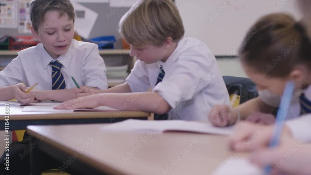  Young students working at their desks in school classroom