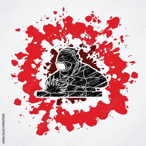 Welder working welding designed on grunge blood background graphic vector