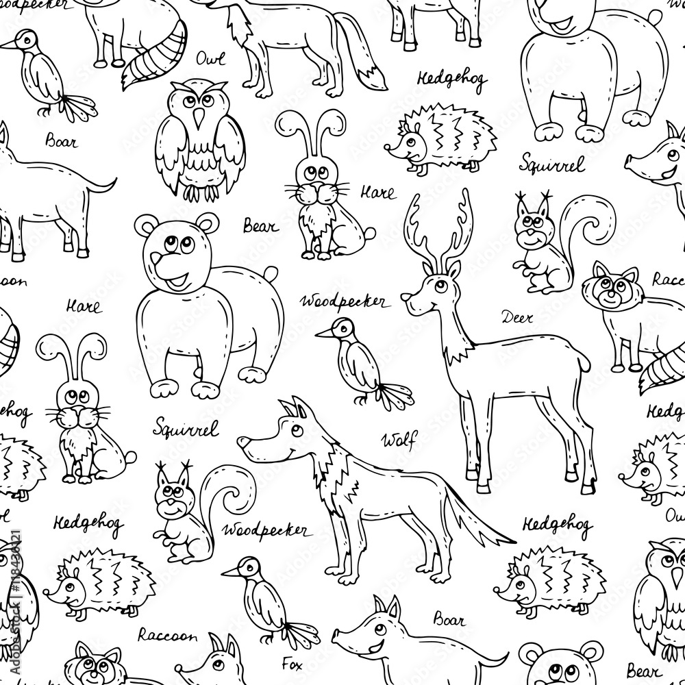 Vector seamless pattern with hand drawn forest animals on white color