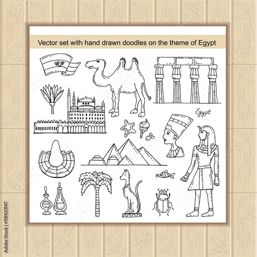 Vector set with hand drawn isolated doodles on the theme of Egypt