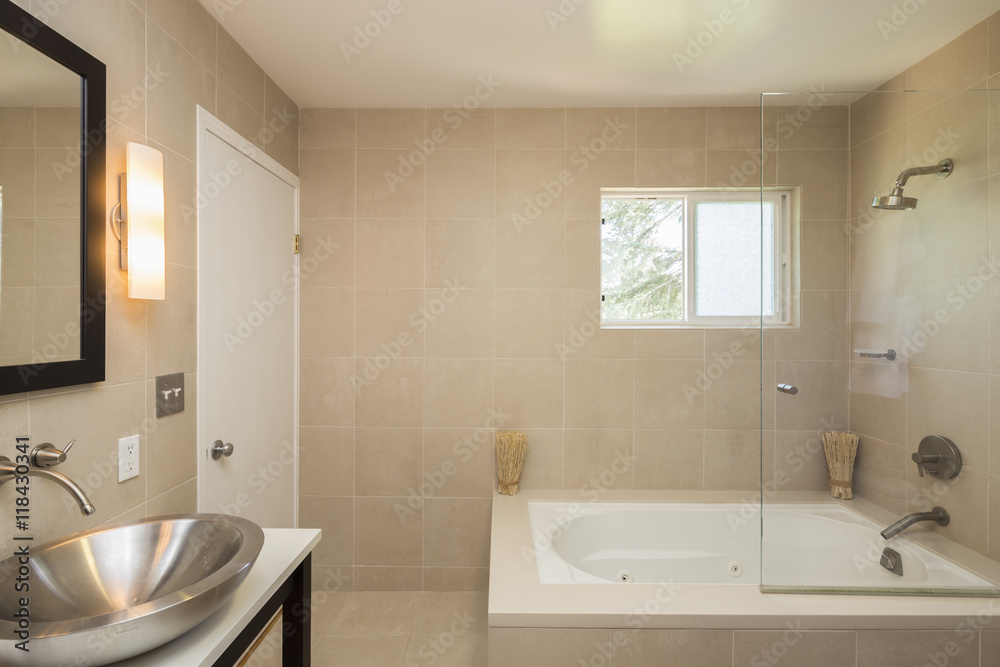 Fototapeta premium Bathroom with oval modern metallic sink.