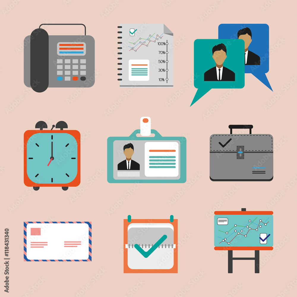 Fototapeta premium Business icons set, flat style. Digital vector image