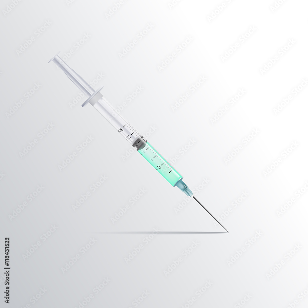 medical syringe with a liquid on a white background. a syringe w medical syringe with a liquid on a white background. a syringe w