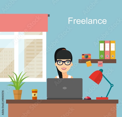 Freelancer woman working at her office desk. Home workplace. Flat style vector illustration.