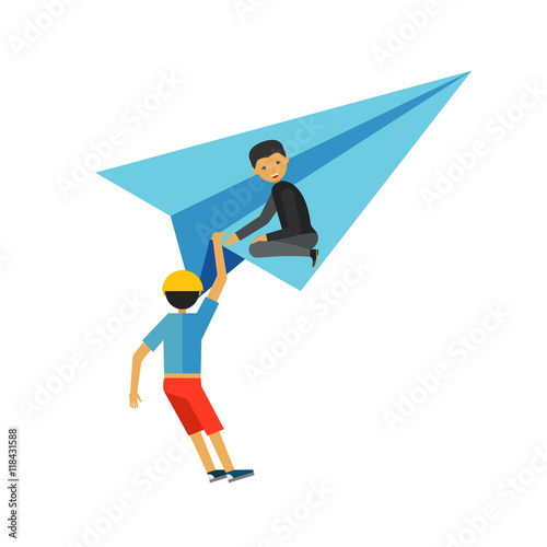 Man Helping Man to Get on Paper Airplane