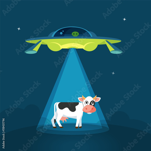 Cartoon funny aliens spaceship abducts the cow