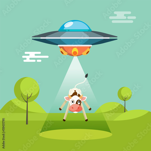 Cartoon funny aliens spaceship abducts the cow