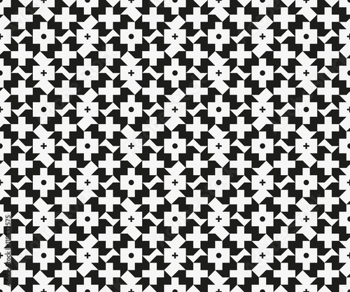 Monochrome geometric endless texture. Rectangles, circles and crosses. Sharp repetitive ornament. Seamless pattern for a background.