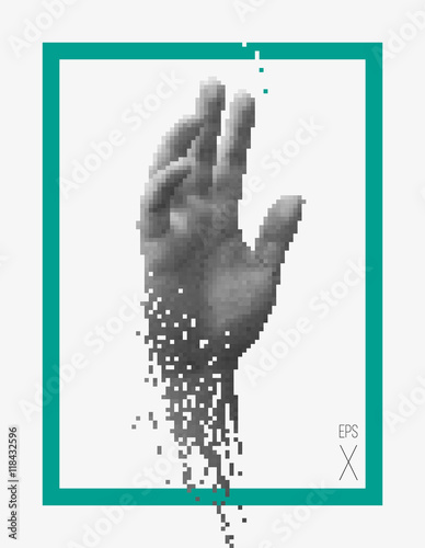 Realistic monochrome pixel hand with a green minimalistic frame. Digital decay, deconstruction, decomposition. Creative illustration for a poster, cover, invitation, business card or postcard.