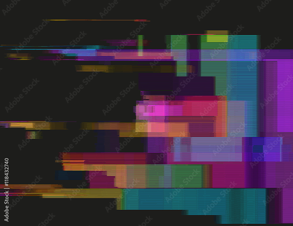 Fototapeta premium Glitched horizontal stripes. Illustration of colorful night lights. Abstract background with a digital signal error and collapsing data. Element of design.