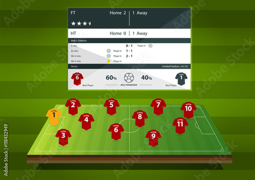 Football or soccer match statics infographic. Football formation tactic. Football logo. Flat design. Vector Illustration.