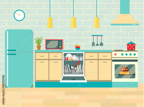 Kitchen retro interior with furniture and equipment. Vector flat illustration.