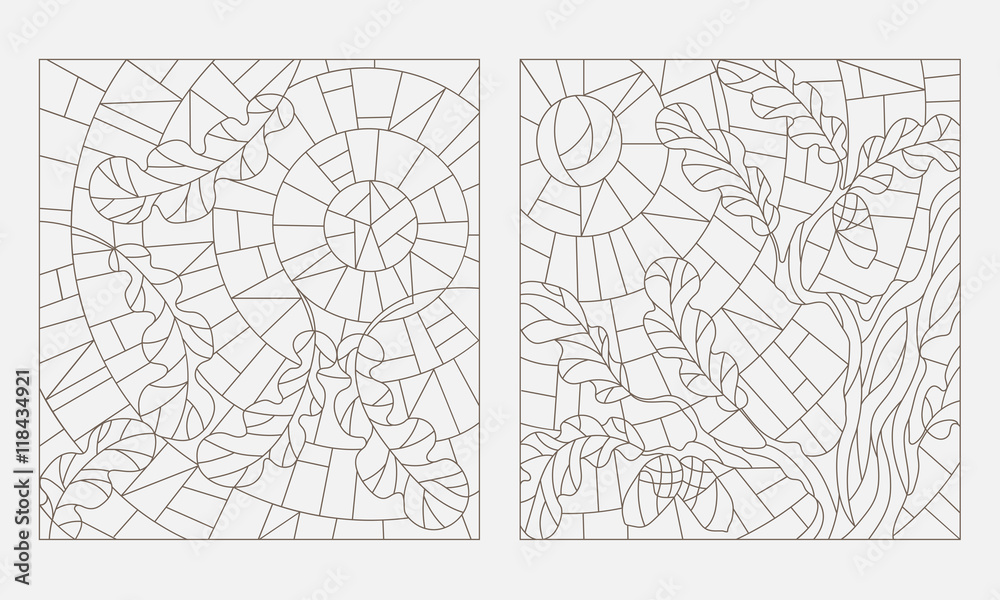 Set contour illustrations of the stained glass Windows on the theme of autumn, the oak leaves on background sky and sun Set contour illustrations of the stained glass Windows on the theme of autumn, the oak leaves on background sky and sun